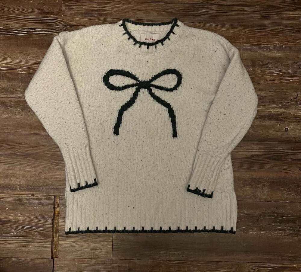 Pink Rose Bow Sweater XS White Black Knit Coquette Crewneck
